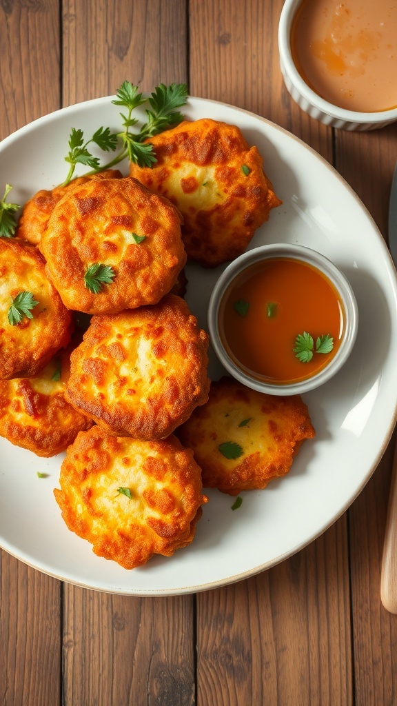 Golden-brown fritters served with dipping sauce on a rustic table.
